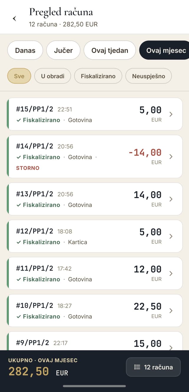 Pregled računa — lista fiskaliziranih računa